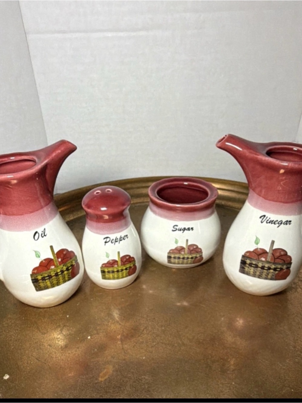 Ceramic Kitchen Canister Set - Oil, Pepper, Sugar, Vinegar - Red & White
